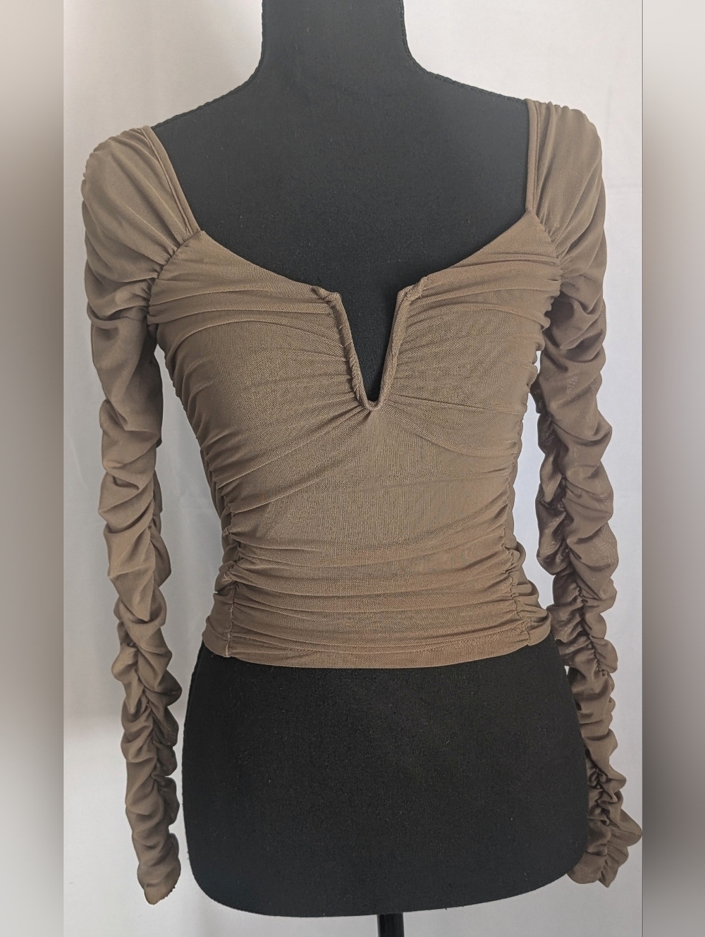 Urban Outfitters Taupe Ruched Mesh V Wire Long Sleeve Top Size Small NWOT